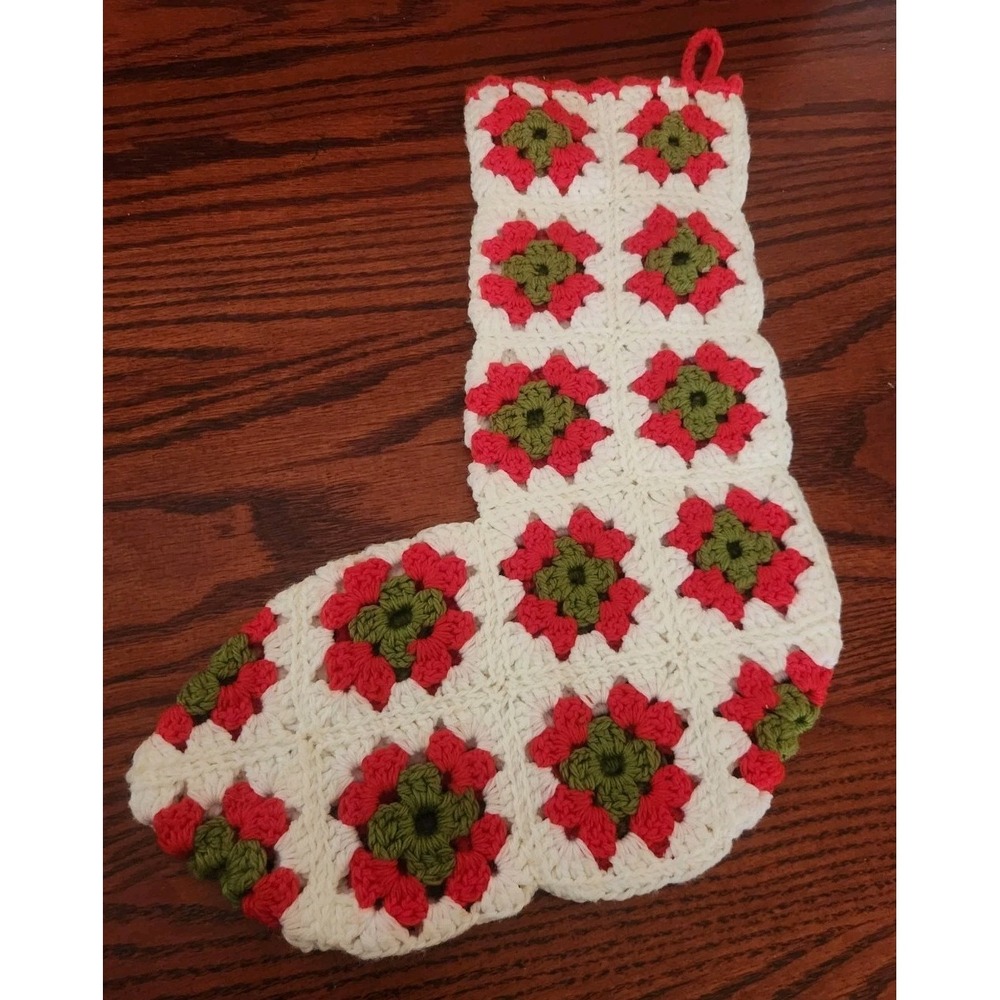 Vintage‎ Crochet Christmas Stocking Granny Square Red And Green